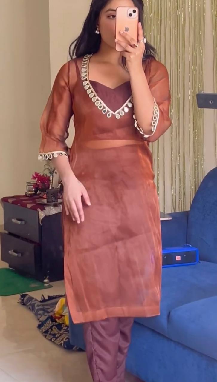 Mirror Work Organza Kurti with Satin Inner & Pants – 2 Color Options