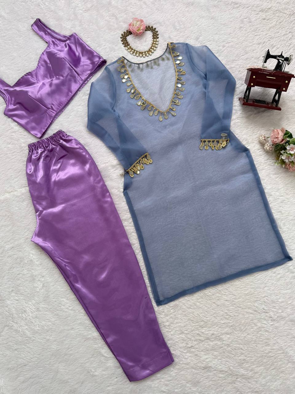 Mirror Work Organza Kurti with Satin Inner & Pants – 2 Color Options