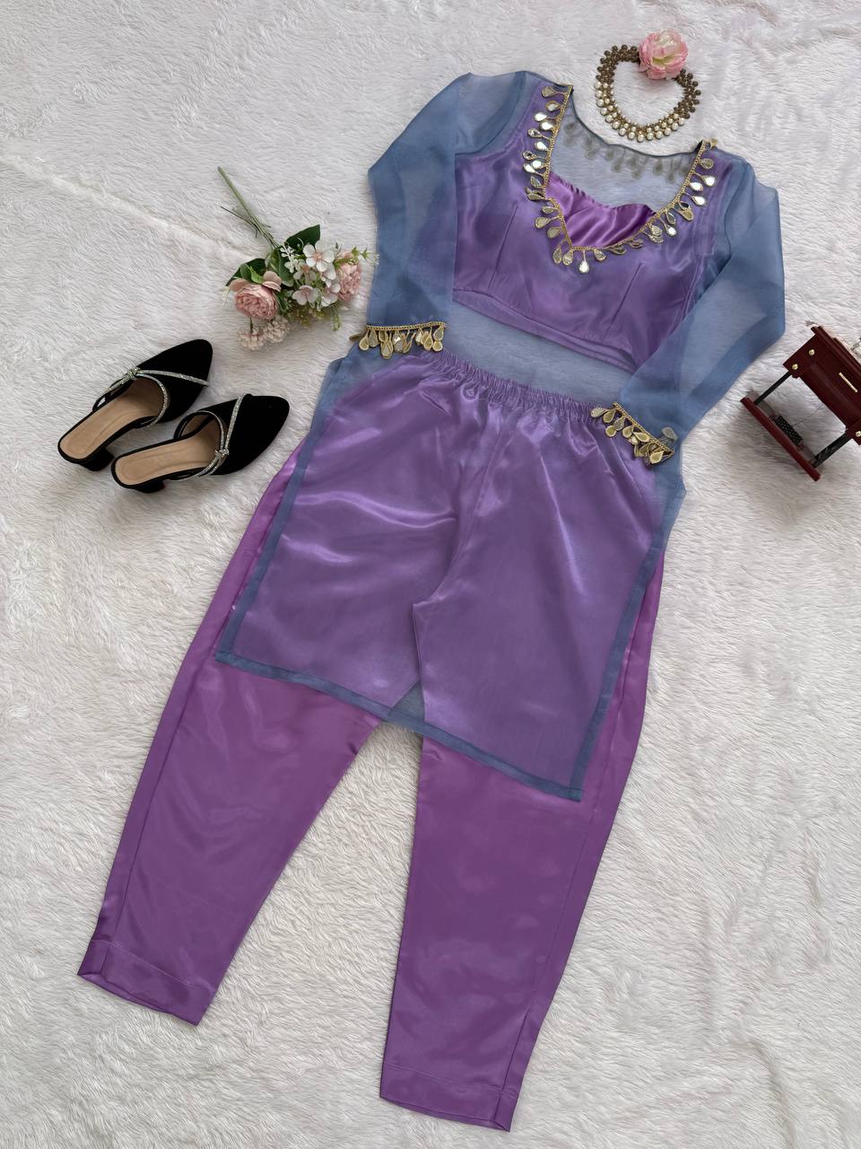 Mirror Work Organza Kurti with Satin Inner & Pants – 2 Color Options