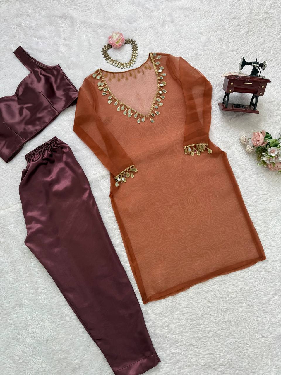 Mirror Work Organza Kurti with Satin Inner & Pants – 2 Color Options