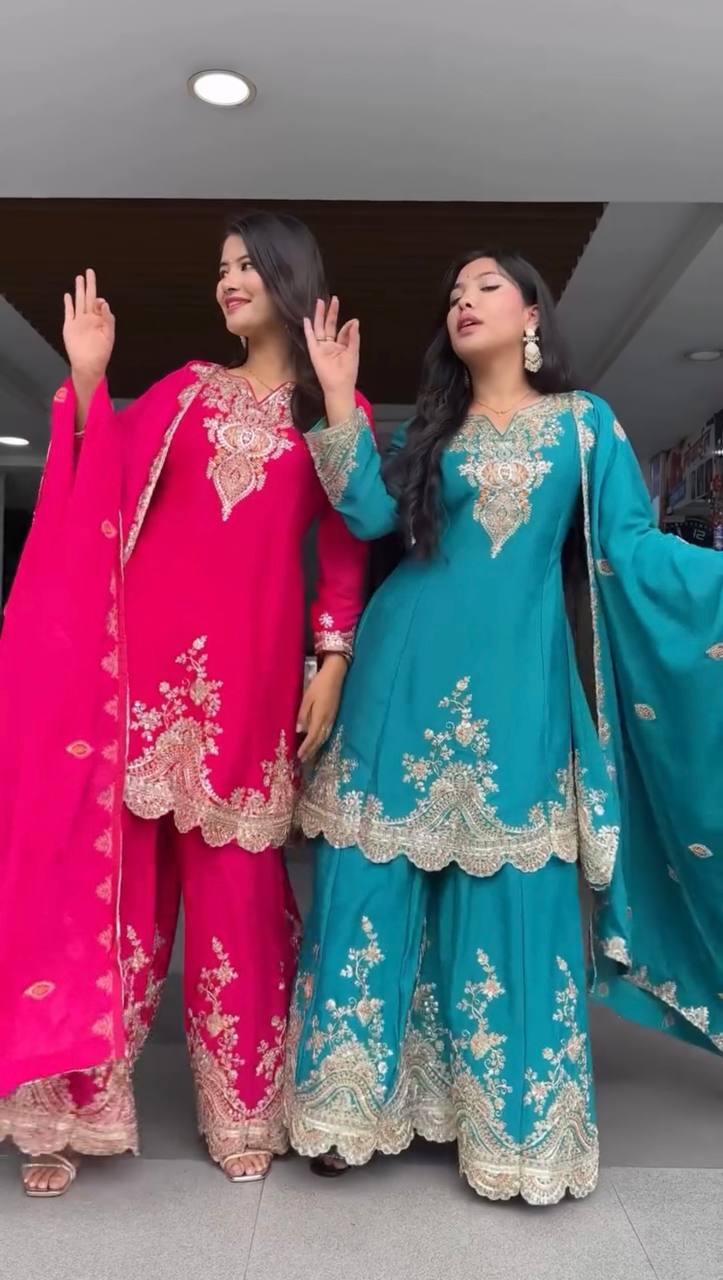 Heavy Embroidered Kurti Sharara Set with Dupatta – 4 Stunning Colors