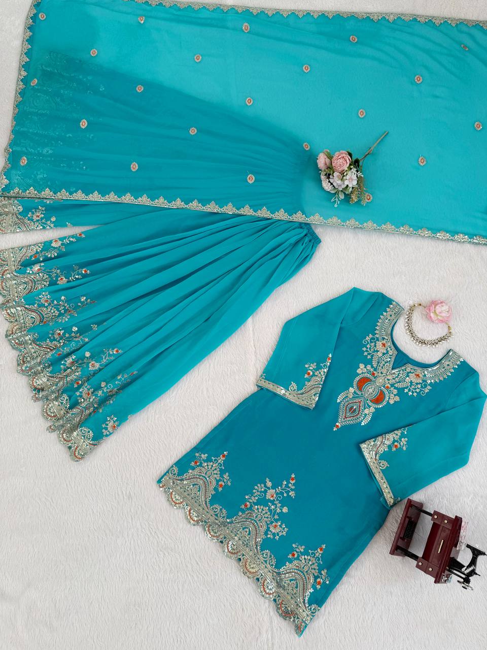 Heavy Embroidered Kurti Sharara Set with Dupatta – 4 Stunning Colors