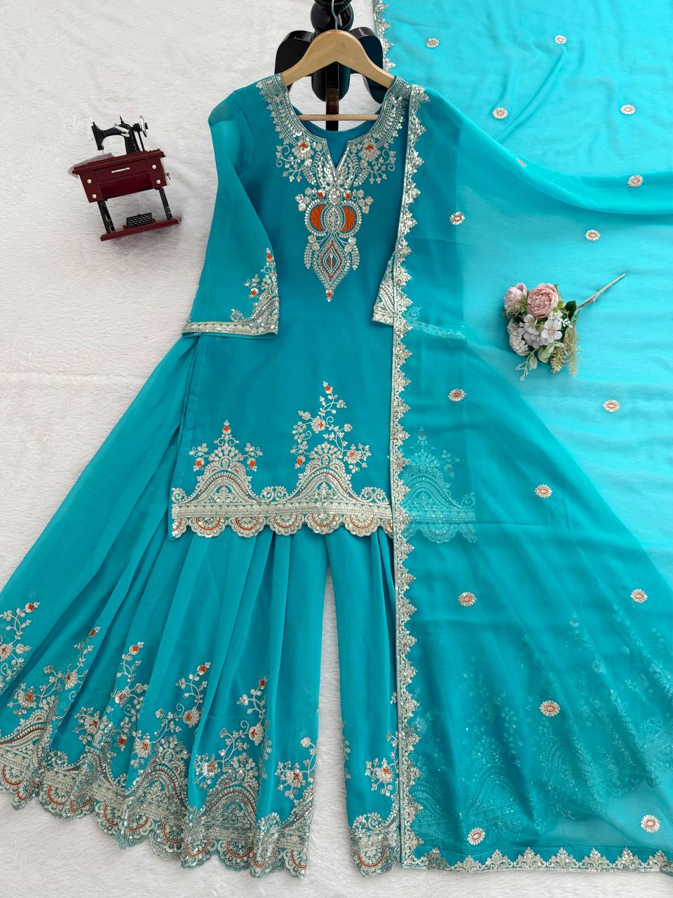 Heavy Embroidered Kurti Sharara Set with Dupatta – 4 Stunning Colors