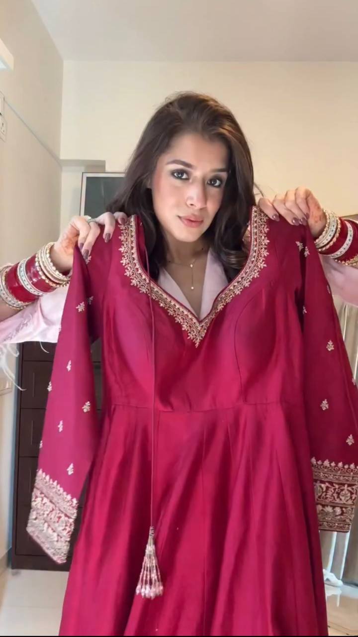 Rani Pink Embroidered Anarkali Kurti with Pant & Printed Dupatta – Festive Wear Set