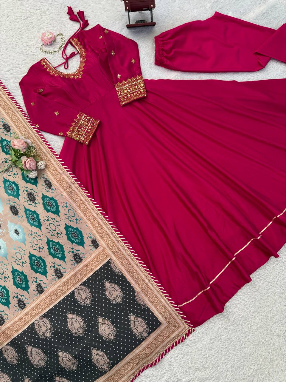 Rani Pink Embroidered Anarkali Kurti with Pant & Printed Dupatta – Festive Wear Set