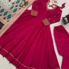 Rani Pink Embroidered Anarkali Kurti with Pant & Printed Dupatta – Festive Wear Set