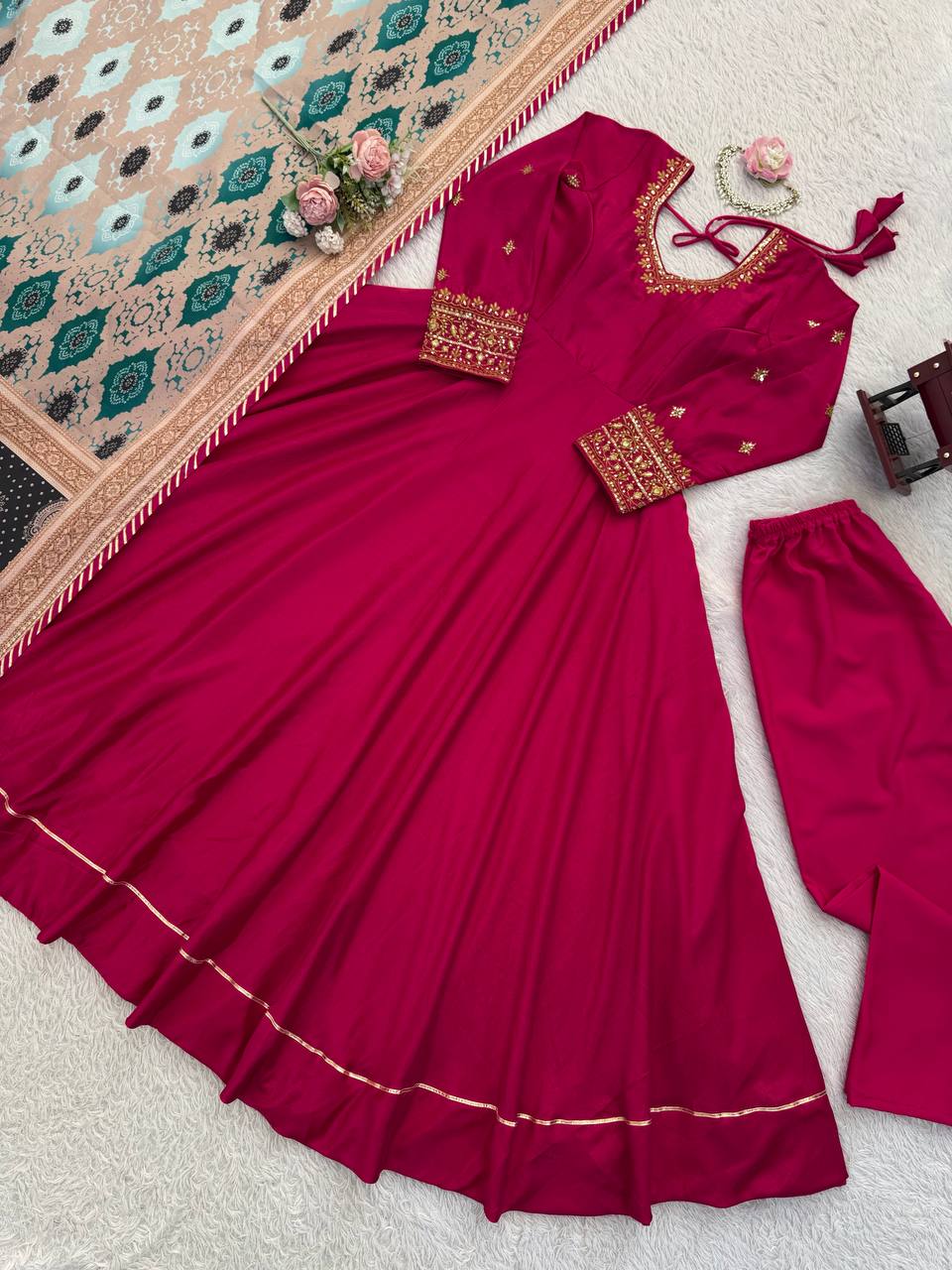 Rani Pink Embroidered Anarkali Kurti with Pant & Printed Dupatta – Festive Wear Set