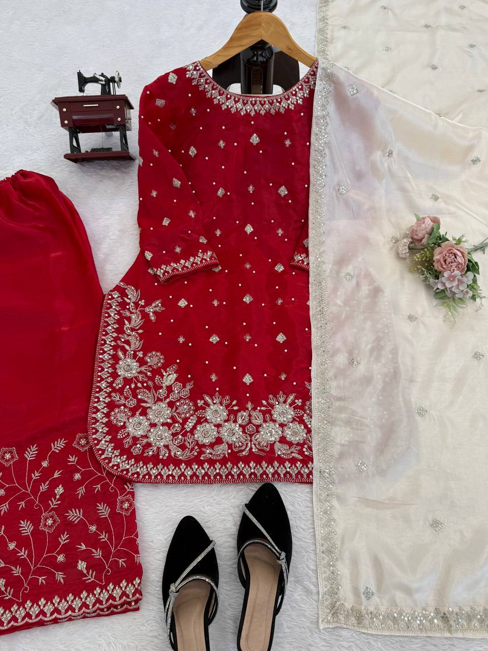 Heavy Embroidered Kurti Palazzo Set with Dupatta – 4 Elegant Colors