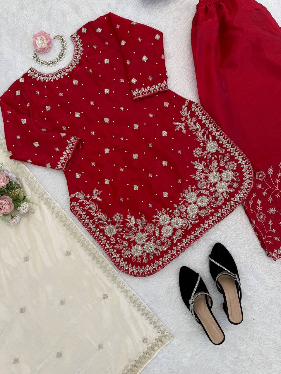 Heavy Embroidered Kurti Palazzo Set with Dupatta – 4 Elegant Colors