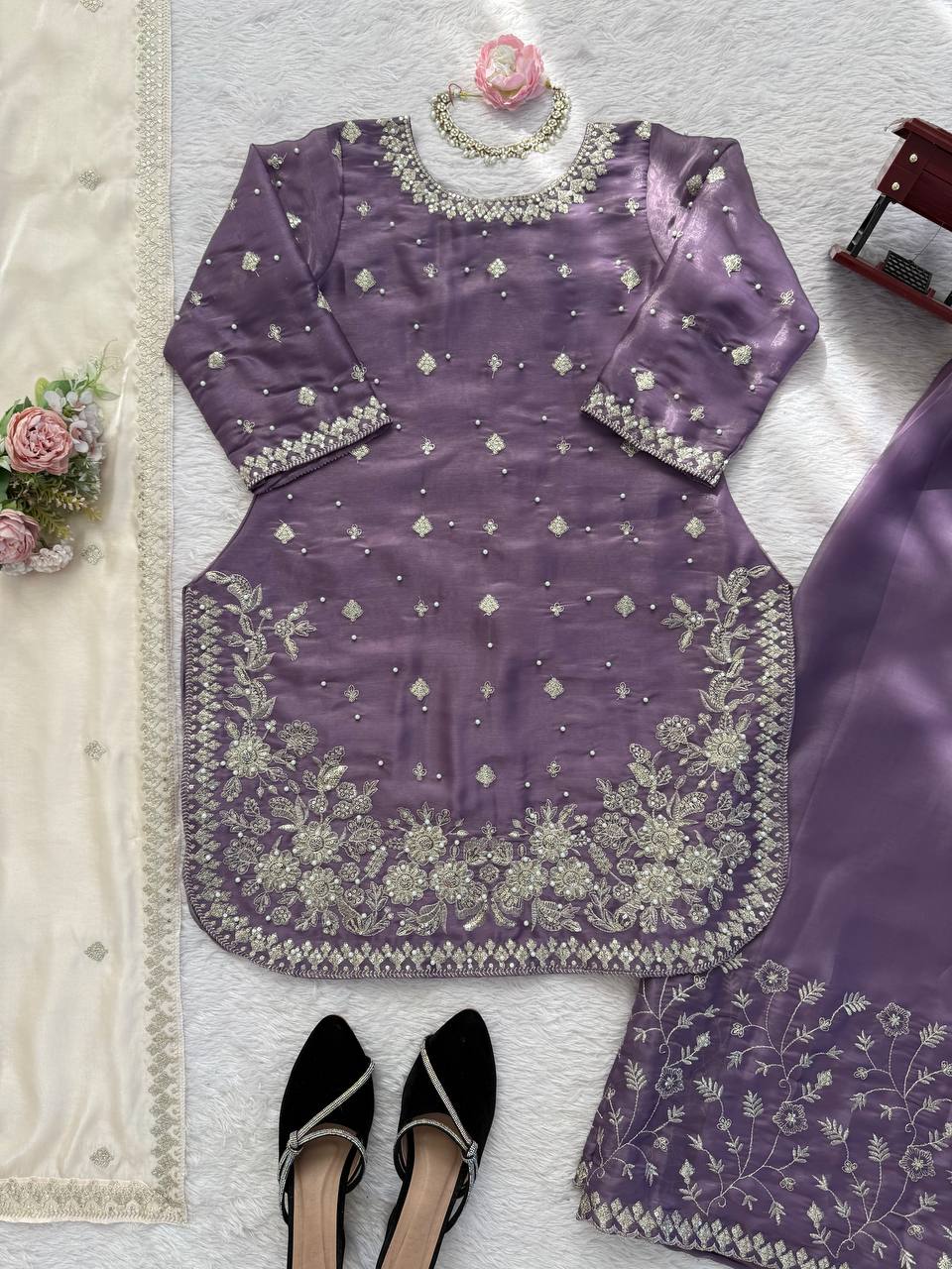 Heavy Embroidered Kurti Palazzo Set with Dupatta – 4 Elegant Colors