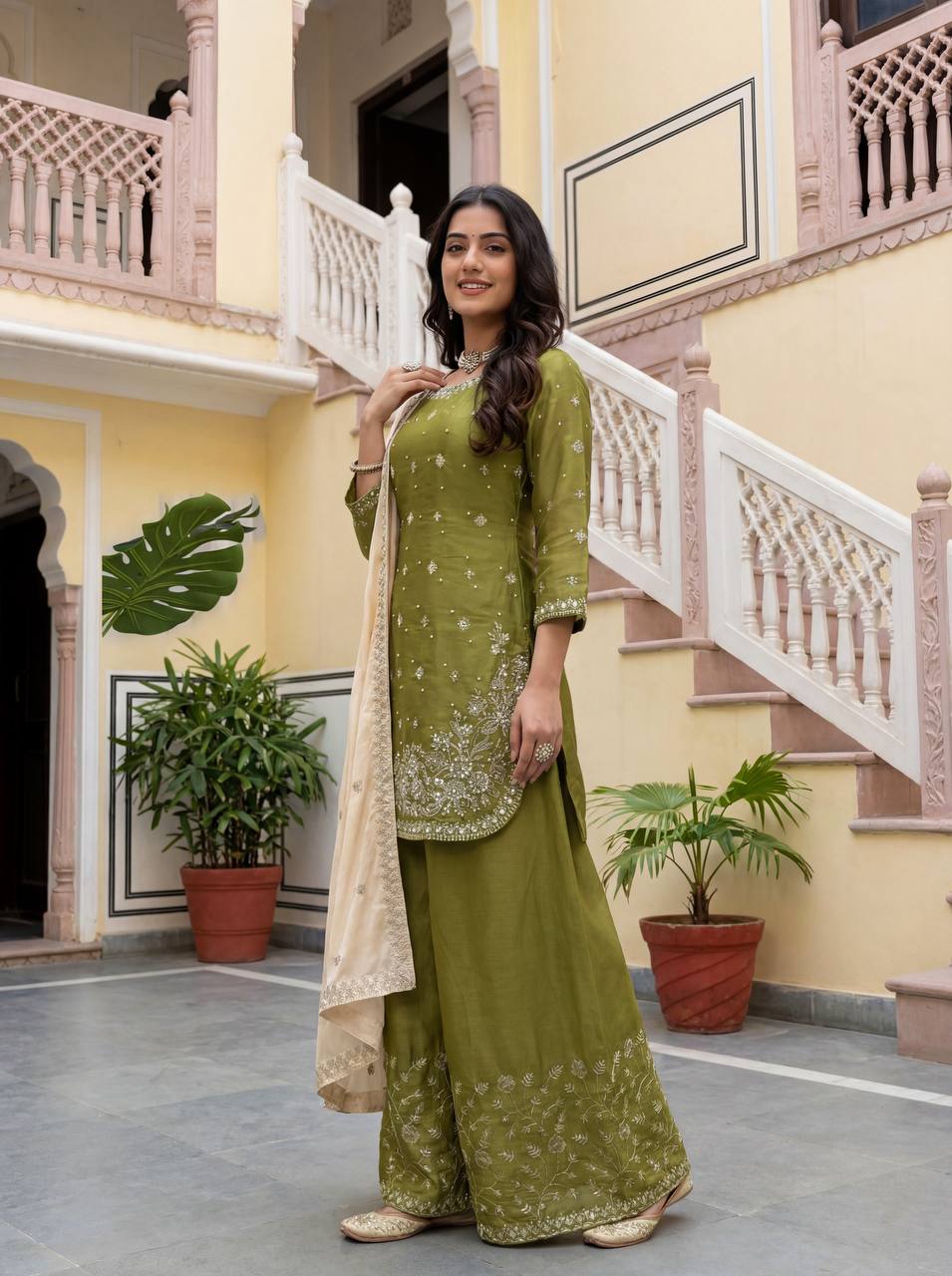 Heavy Embroidered Kurti Palazzo Set with Dupatta – 4 Elegant Colors