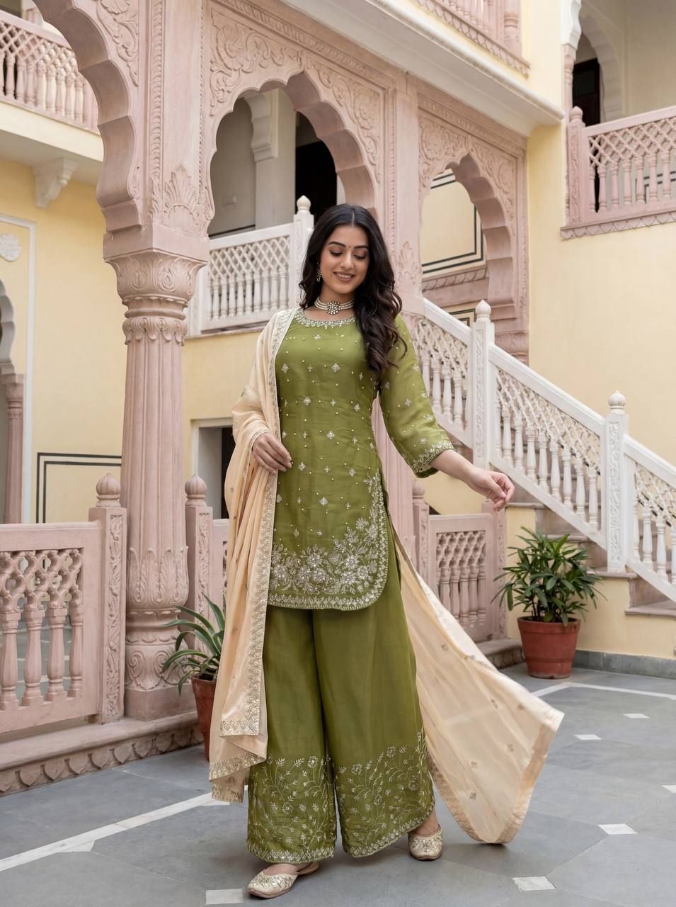Heavy Embroidered Kurti Palazzo Set with Dupatta – 4 Elegant Colors