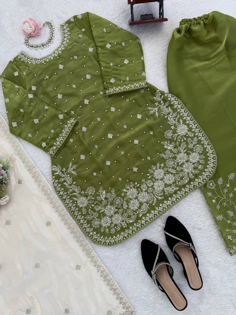 Heavy Embroidered Kurti Palazzo Set with Dupatta – 4 Elegant Colors