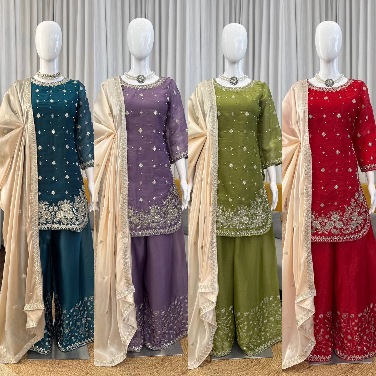 Heavy Embroidered Kurti Palazzo Set with Dupatta – 4 Elegant Colors