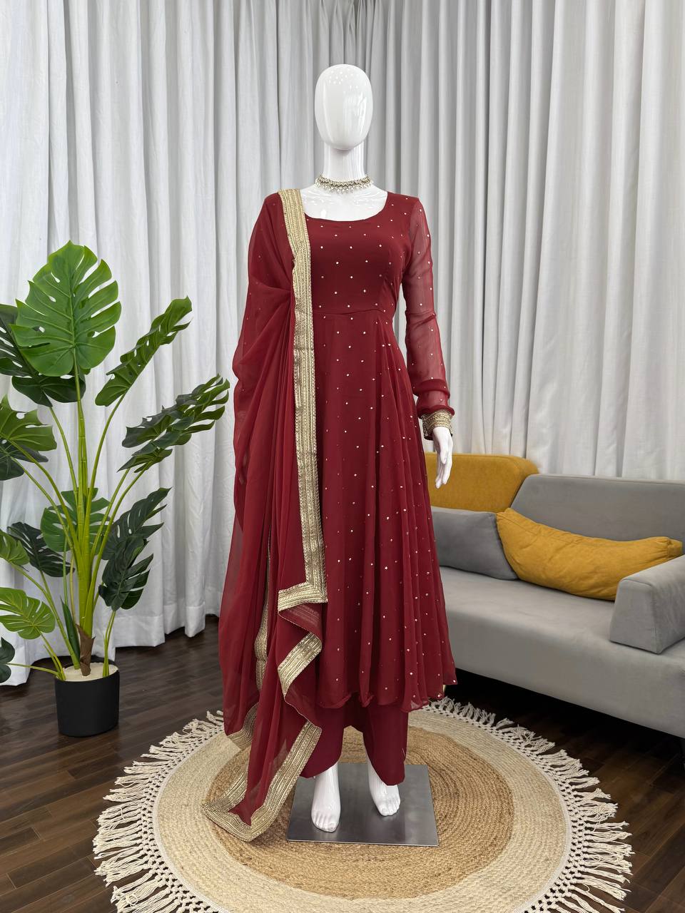 Maroon Dot Embellished Anarkali Kurti Set with Dupatta