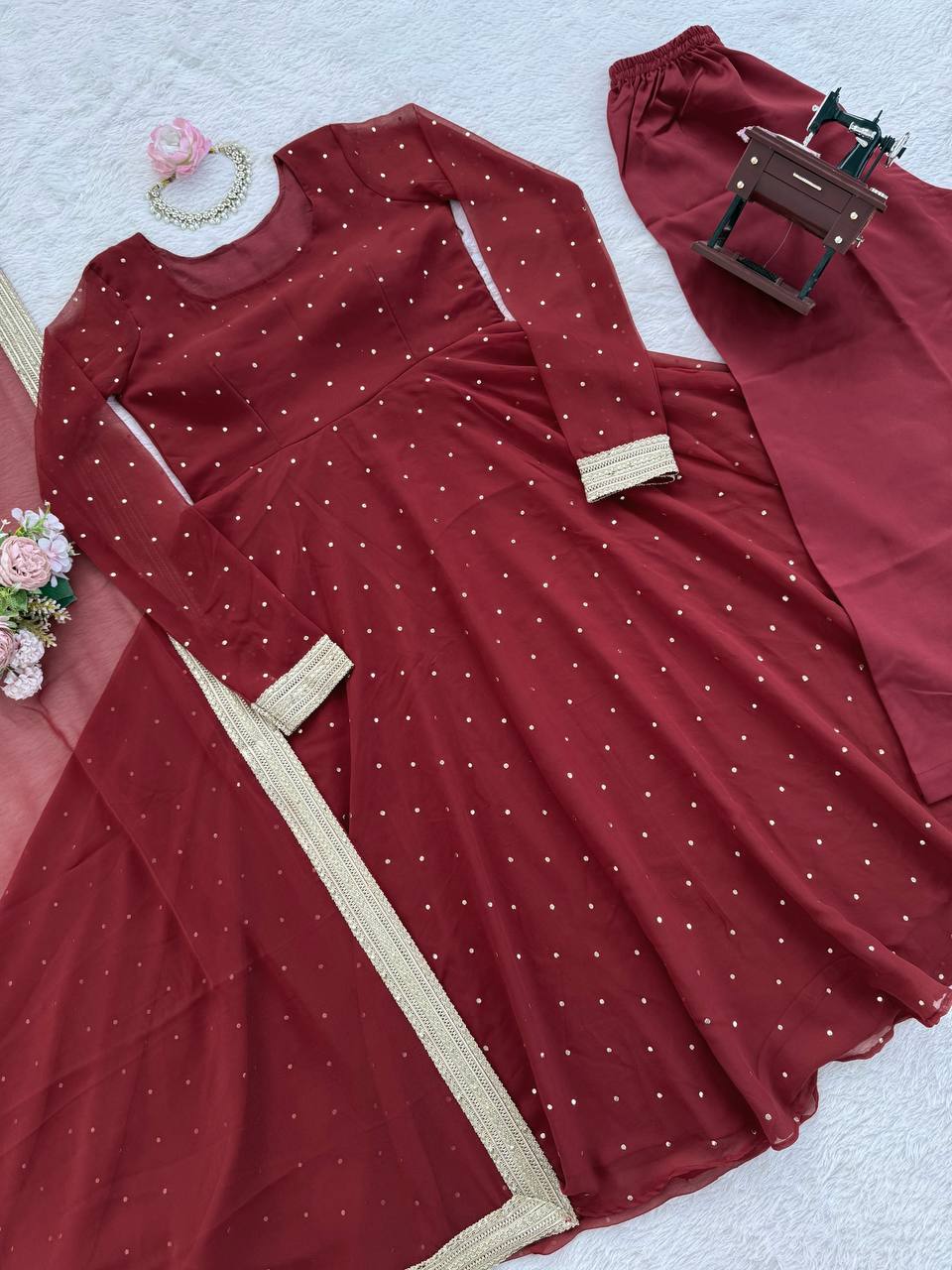 Maroon Dot Embellished Anarkali Kurti Set with Dupatta