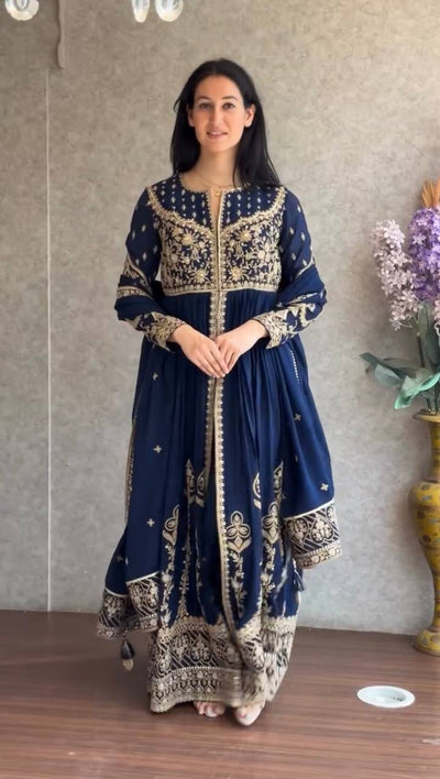 Navy Blue Heavy Embroidered Anarkali Kurti Set with Palazzo & Dupatta