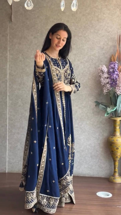 Navy Blue Heavy Embroidered Anarkali Kurti Set with Palazzo & Dupatta