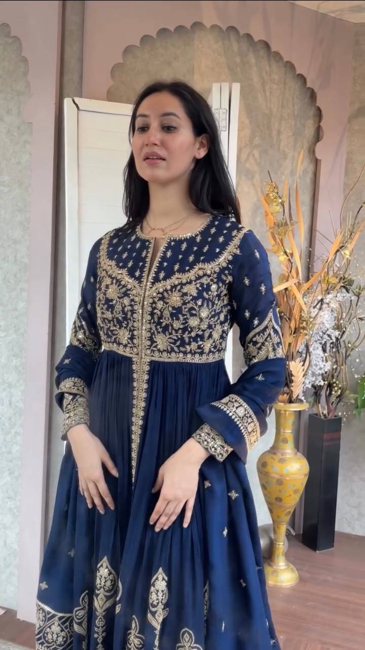 Navy Blue Heavy Embroidered Anarkali Kurti Set with Palazzo & Dupatta
