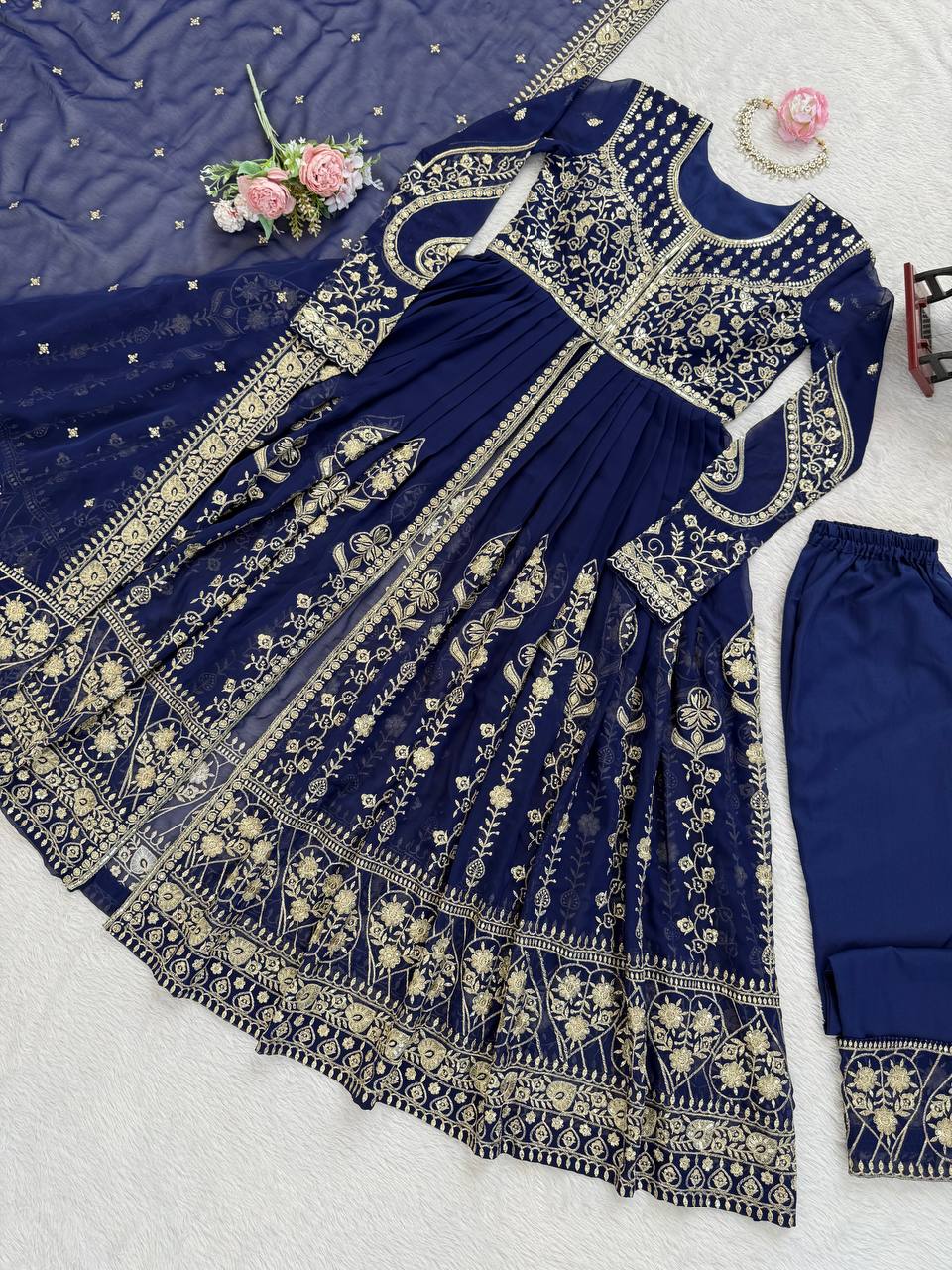 Navy Blue Heavy Embroidered Anarkali Kurti Set with Palazzo & Dupatta