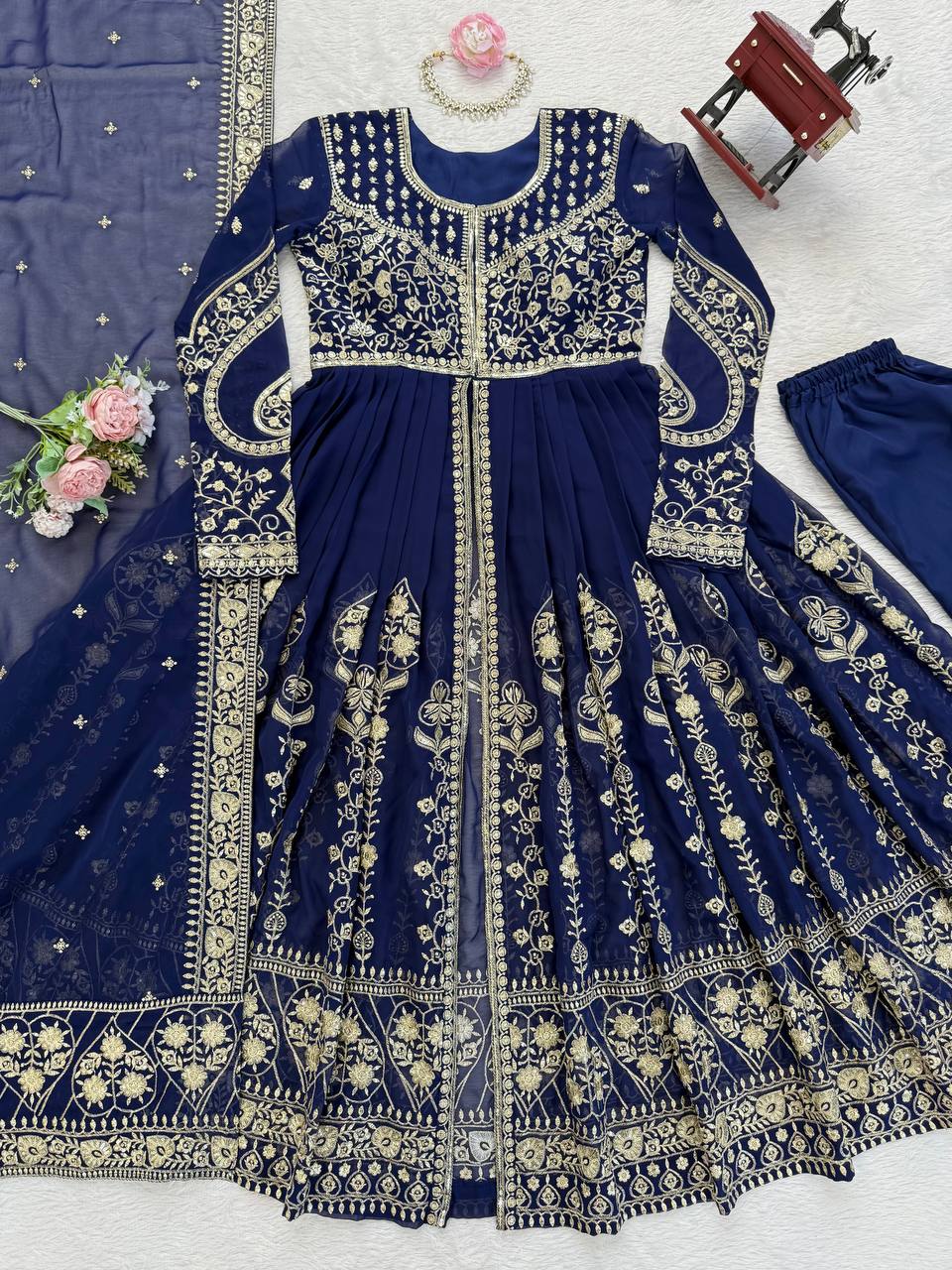 Navy Blue Heavy Embroidered Anarkali Kurti Set with Palazzo & Dupatta