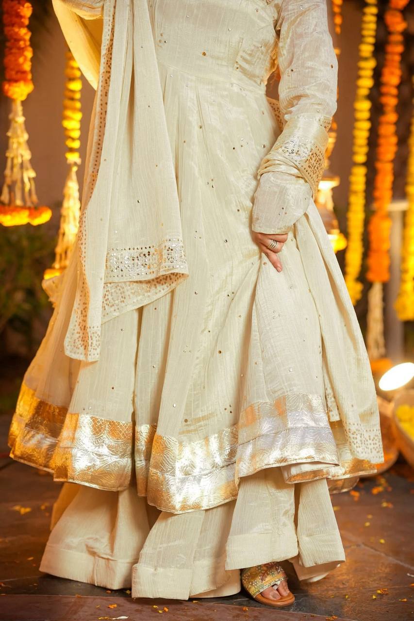 Cream Embellished Anarkali Kurti Set with Palazzo & Dupatta