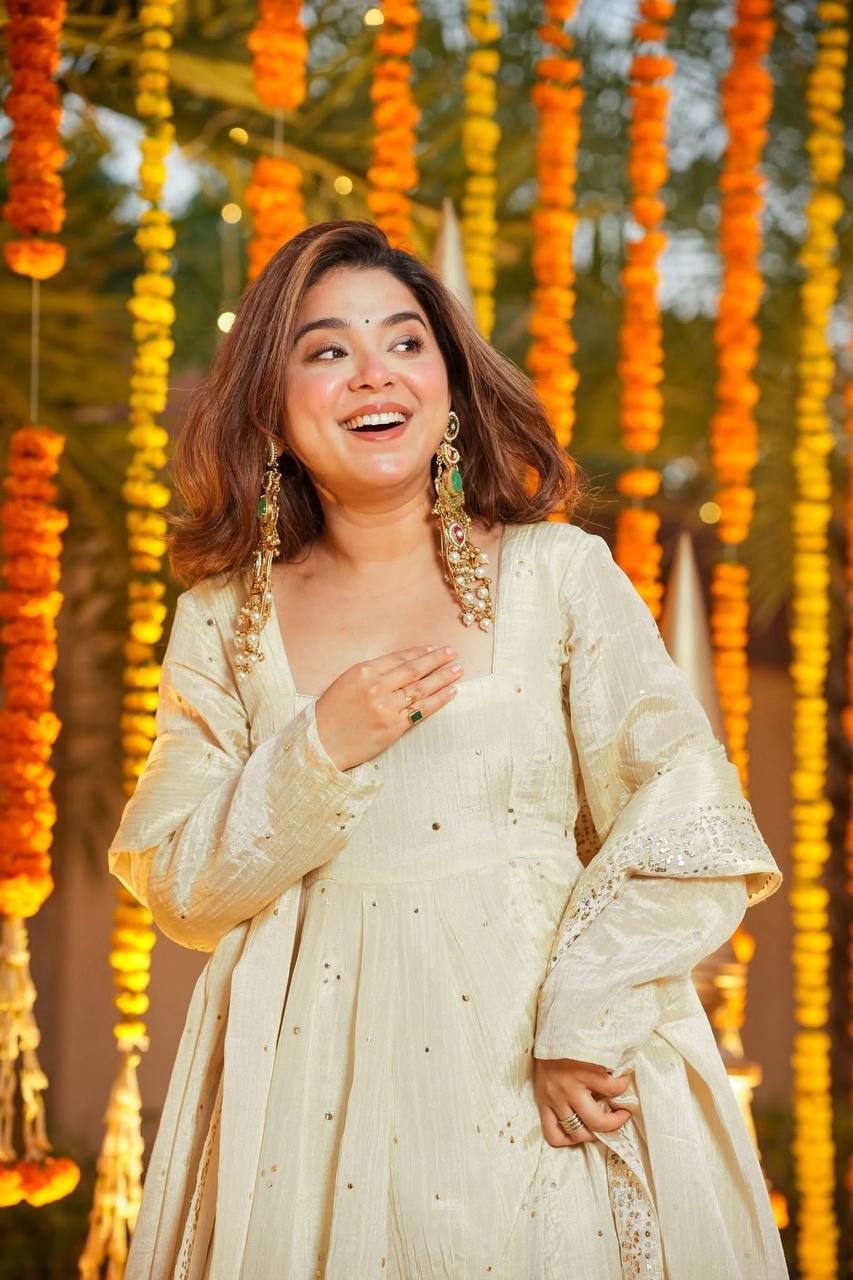 Cream Embellished Anarkali Kurti Set with Palazzo & Dupatta