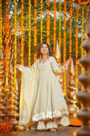 Cream Embellished Anarkali Kurti Set with Palazzo & Dupatta