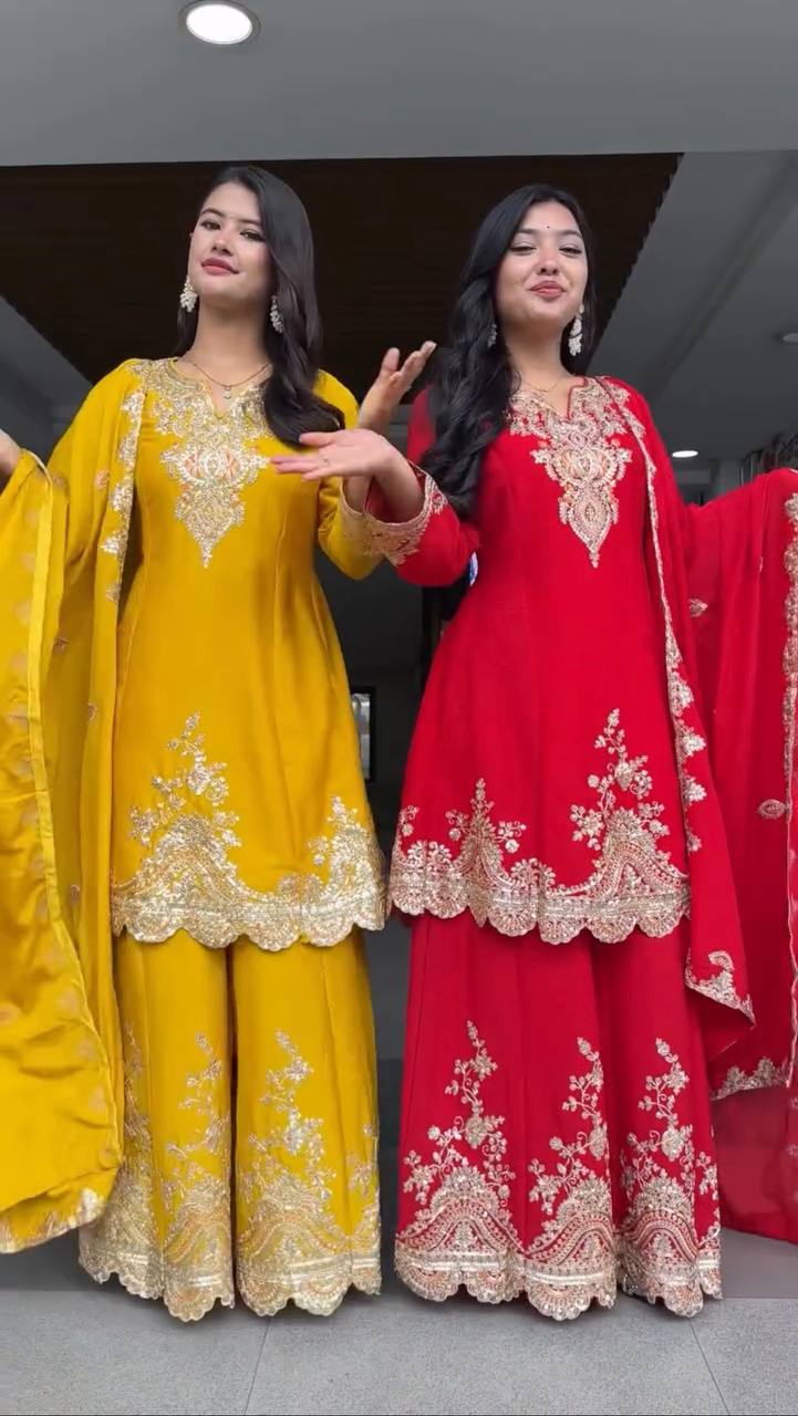 Heavy Embroidered Kurti Sharara Set with Dupatta – 4 Stunning Colors