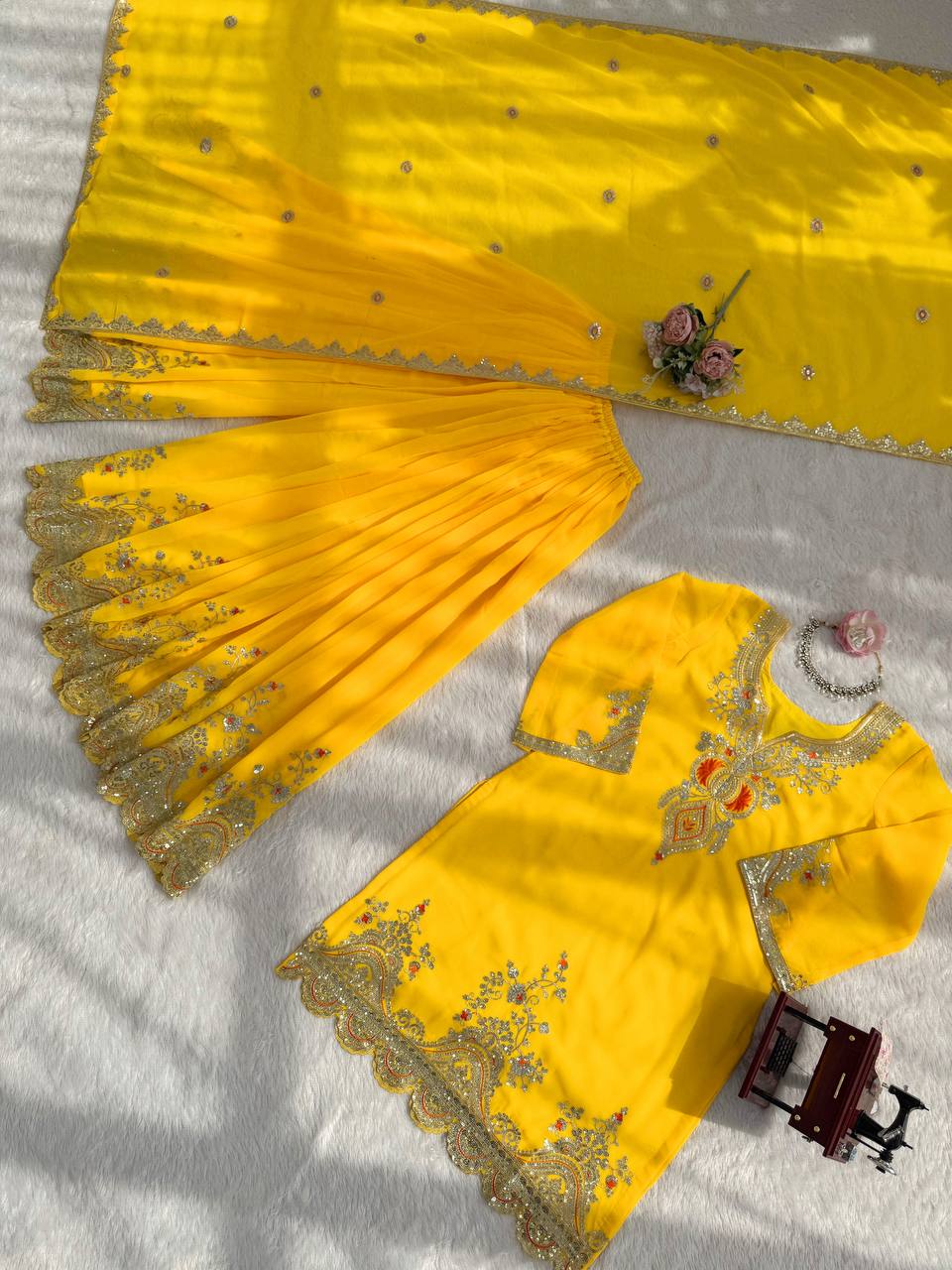 Heavy Embroidered Kurti Sharara Set with Dupatta – 4 Stunning Colors