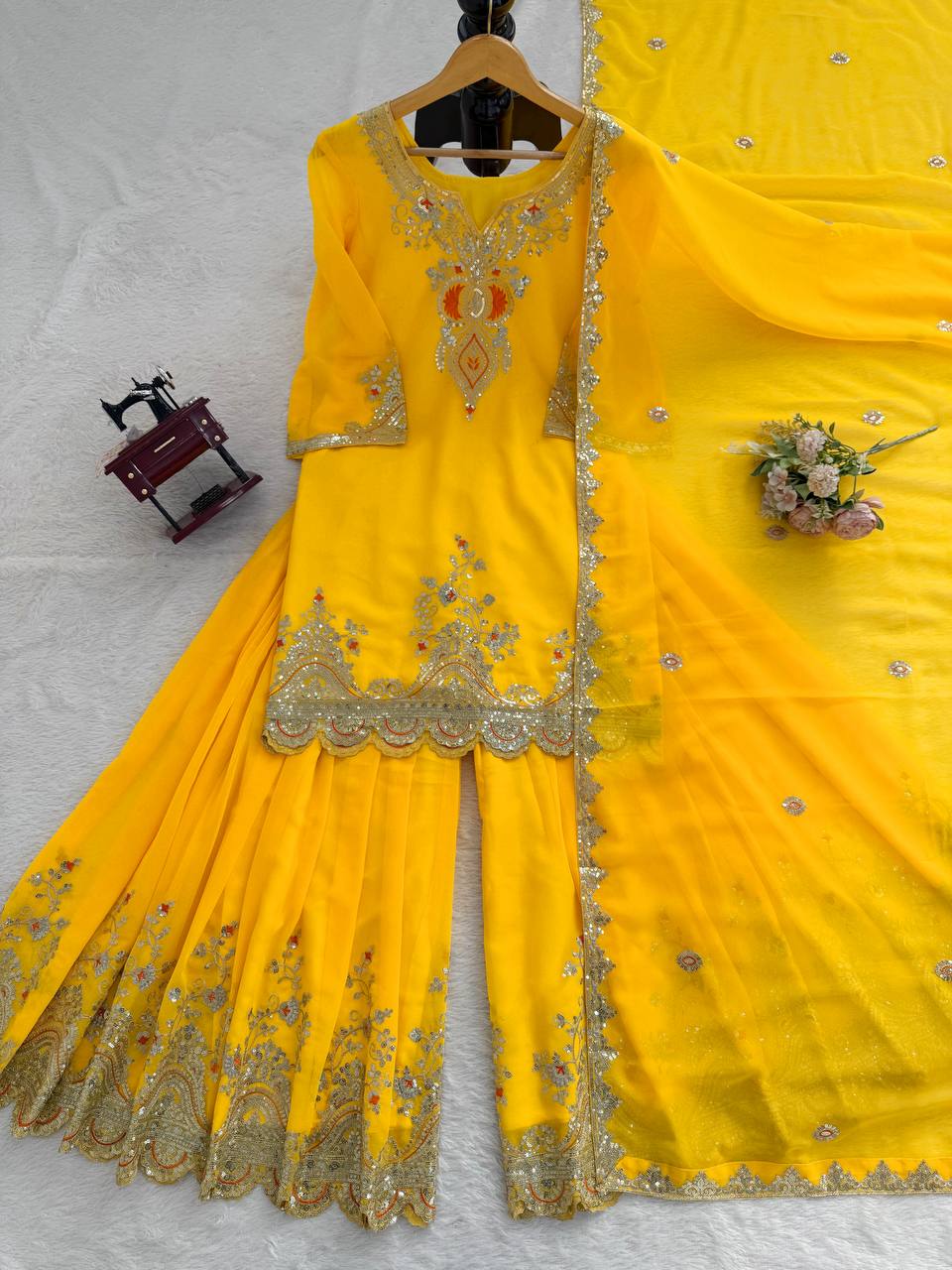 Heavy Embroidered Kurti Sharara Set with Dupatta – 4 Stunning Colors