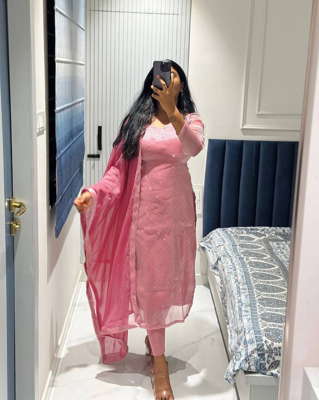 Soft Pink Minimal Embellished Kurti Pant Set with Dupatta