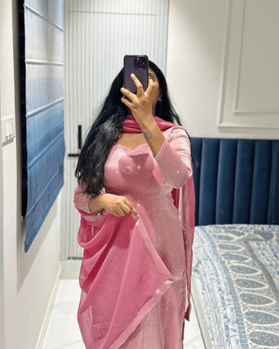 Soft Pink Minimal Embellished Kurti Pant Set with Dupatta