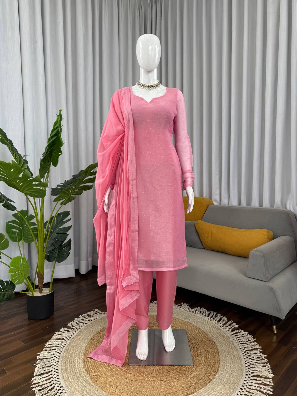 Soft Pink Minimal Embellished Kurti Pant Set with Dupatta