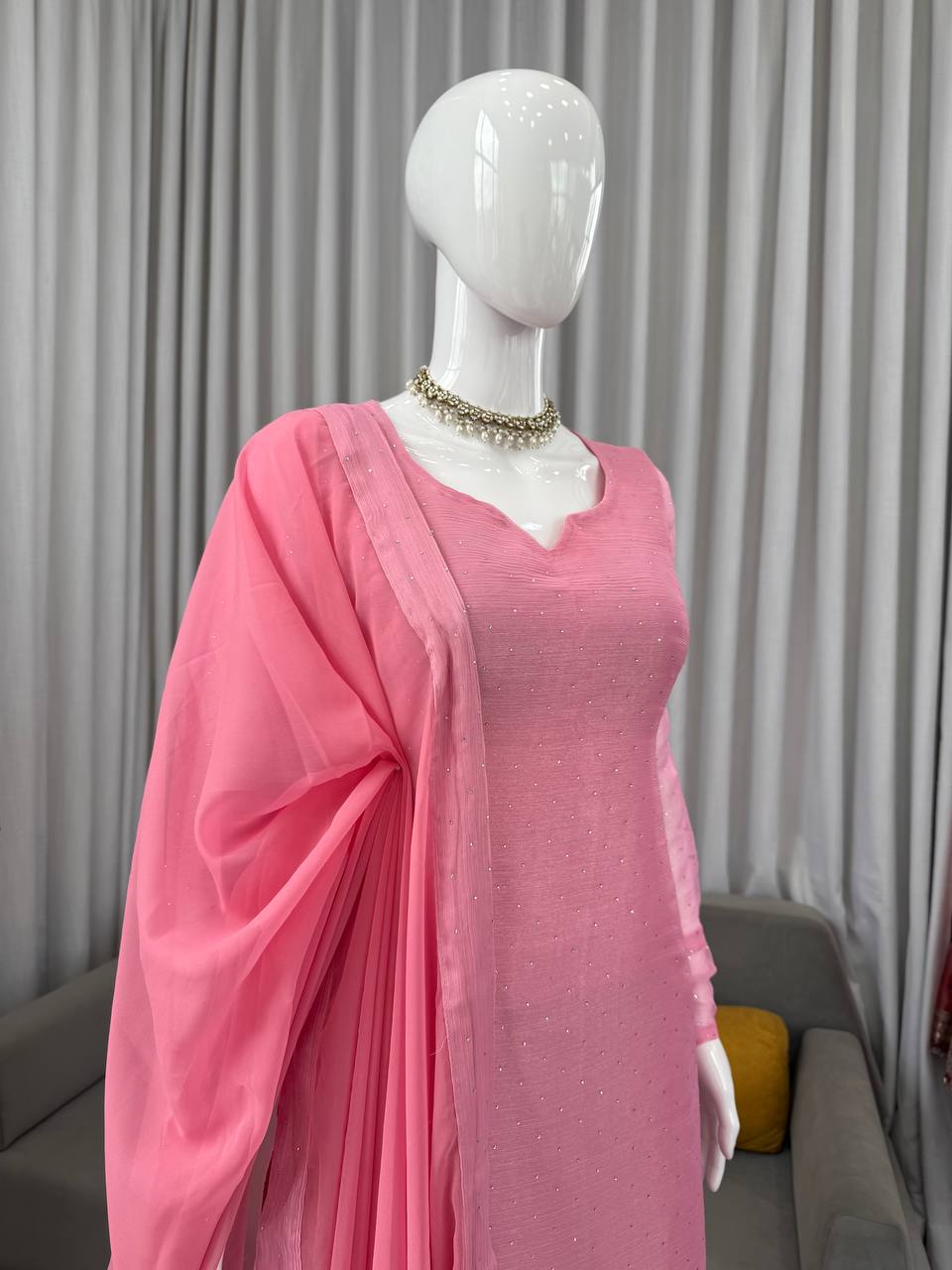 Soft Pink Minimal Embellished Kurti Pant Set with Dupatta