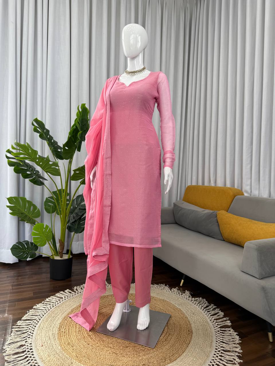 Soft Pink Minimal Embellished Kurti Pant Set with Dupatta