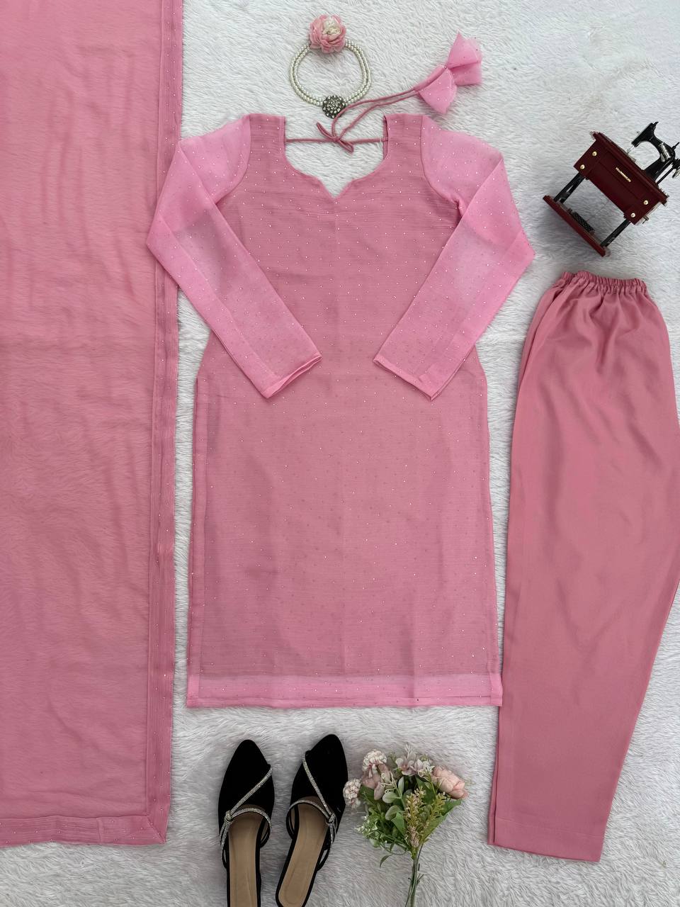 Soft Pink Minimal Embellished Kurti Pant Set with Dupatta