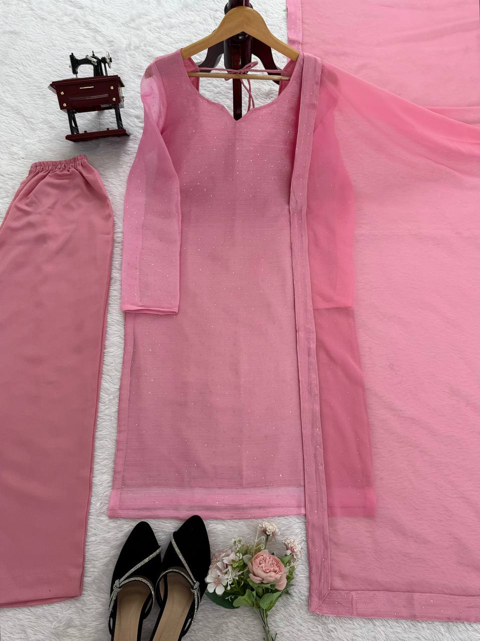 Soft Pink Minimal Embellished Kurti Pant Set with Dupatta