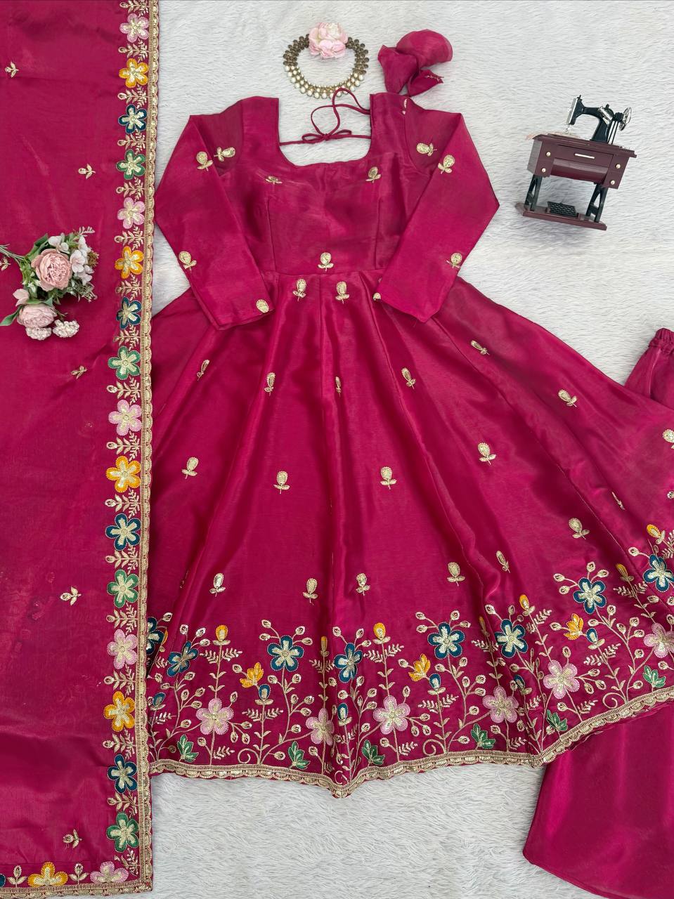 Fuchsia Pink Floral Embroidered Anarkali Suit with Dupatta