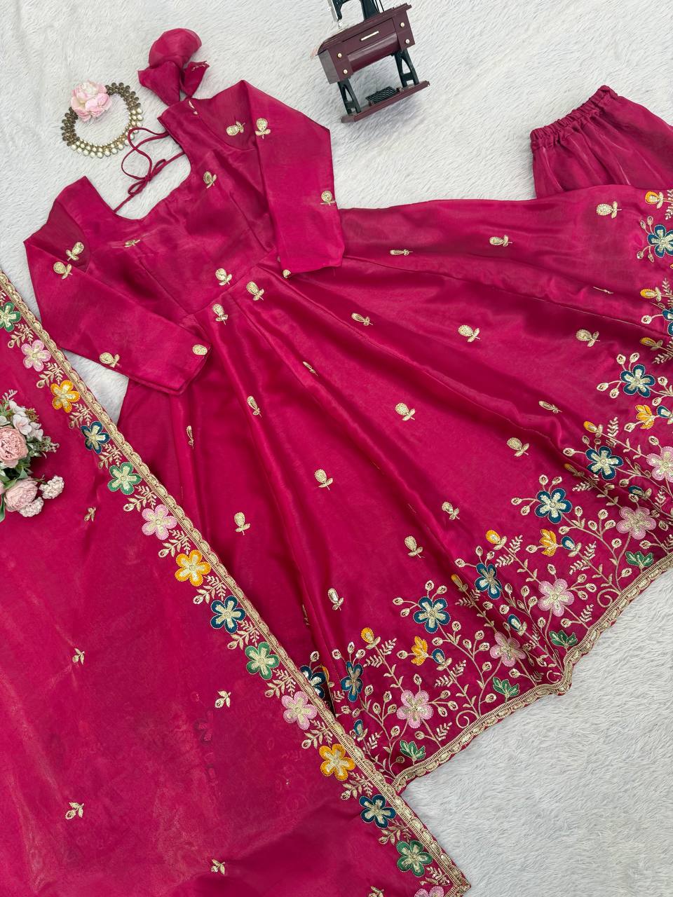 Fuchsia Pink Floral Embroidered Anarkali Suit with Dupatta
