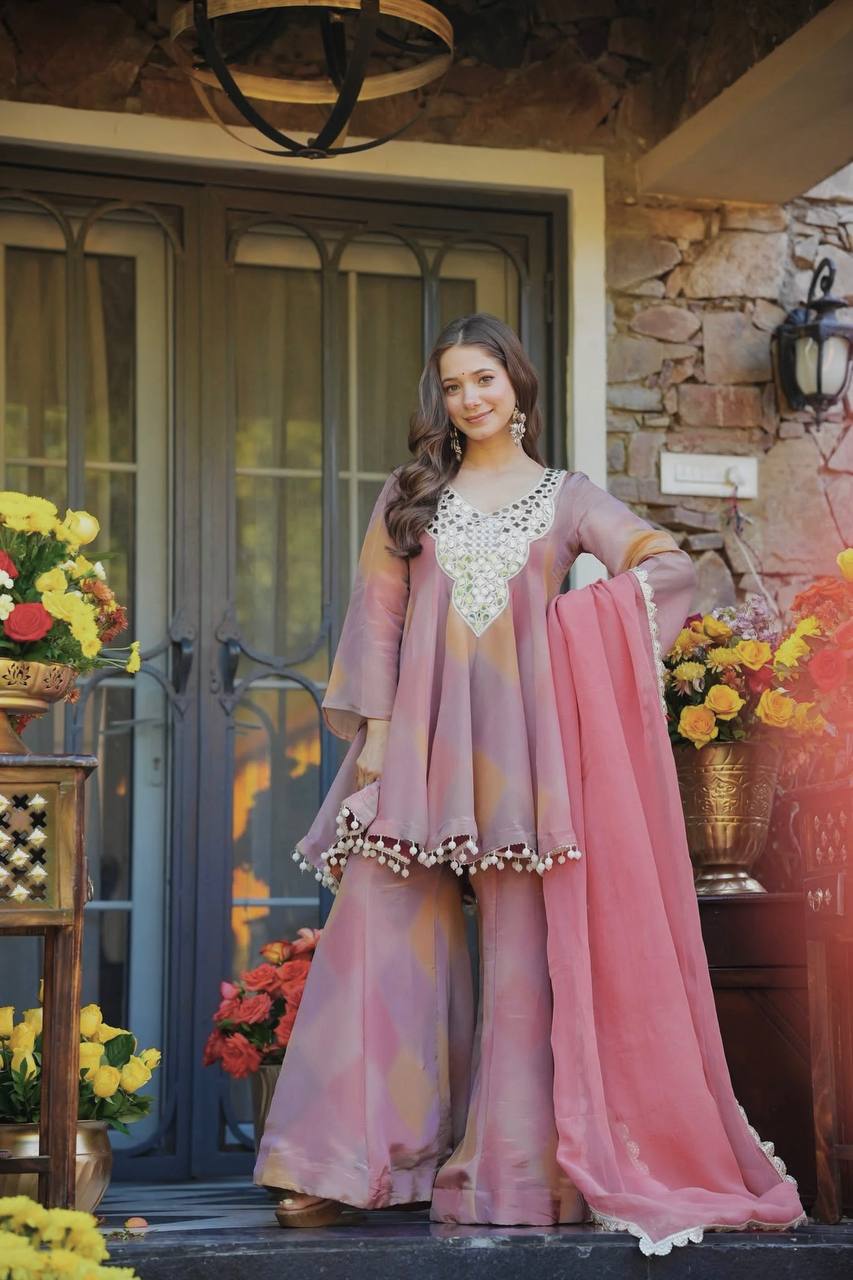 Dusty Rose Mirror Work Sharara Suit with Scalloped Dupatta