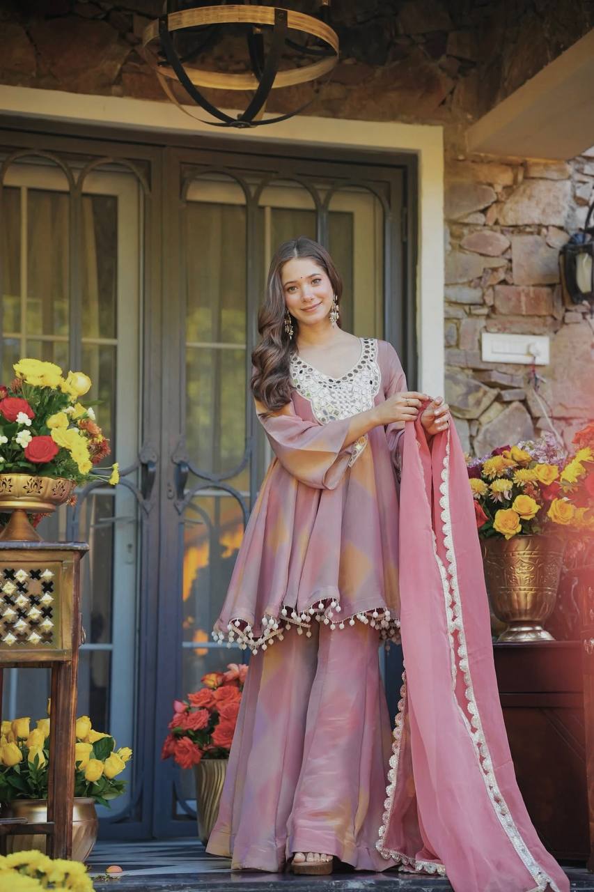 Dusty Rose Mirror Work Sharara Suit with Scalloped Dupatta