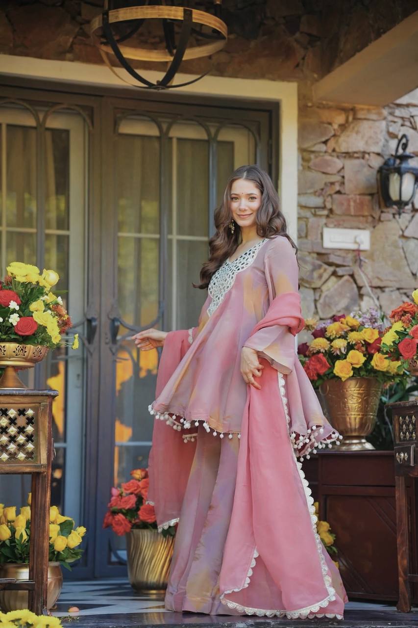 Dusty Rose Mirror Work Sharara Suit with Scalloped Dupatta