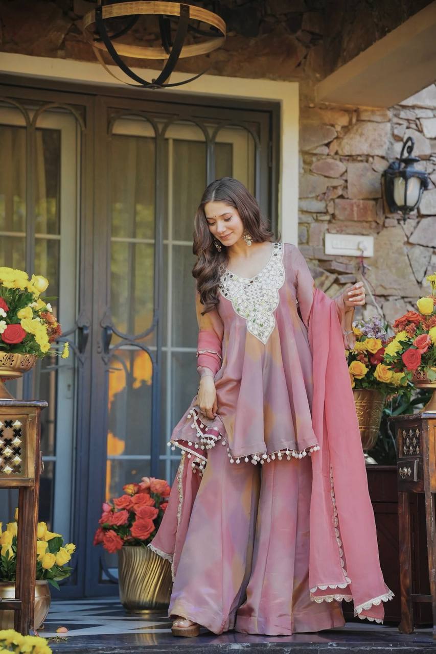 Dusty Rose Mirror Work Sharara Suit with Scalloped Dupatta