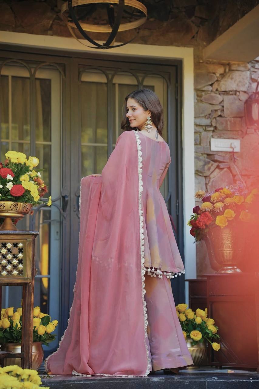 Dusty Rose Mirror Work Sharara Suit with Scalloped Dupatta