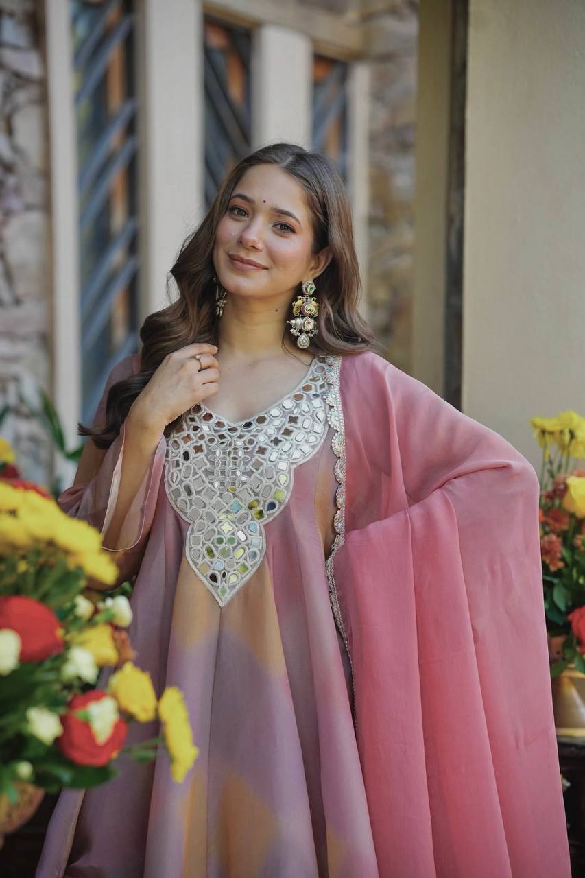 Dusty Rose Mirror Work Sharara Suit with Scalloped Dupatta