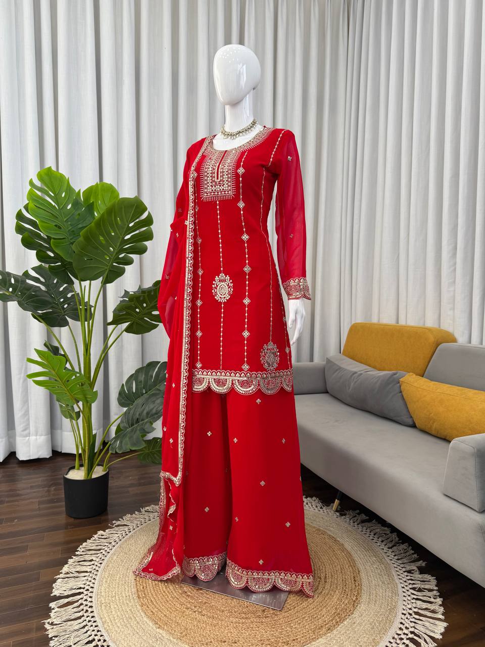 Embroidered Kurti Sharara Set with Dupatta – Red & Rani Pink