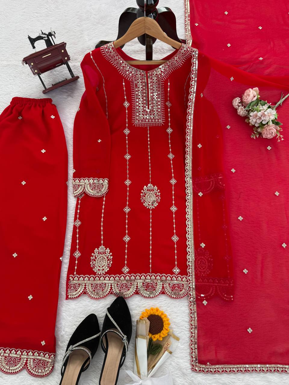 Embroidered Kurti Sharara Set with Dupatta – Red & Rani Pink