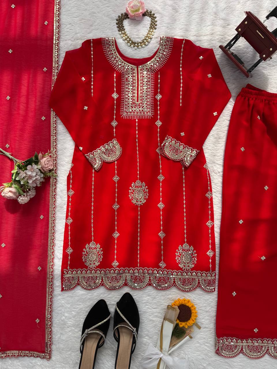 Embroidered Kurti Sharara Set with Dupatta – Red & Rani Pink