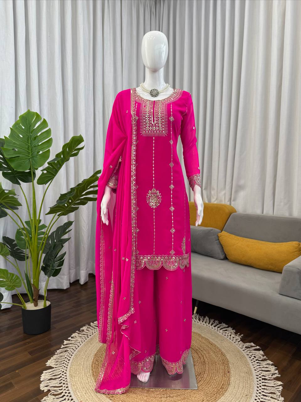 Embroidered Kurti Sharara Set with Dupatta – Red & Rani Pink